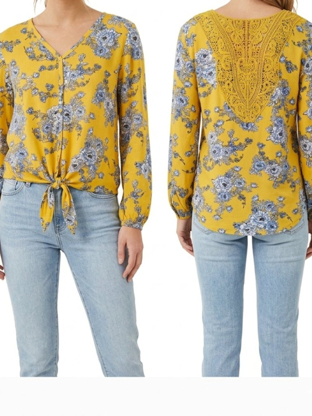 Yellow & Blue Bohemian Summer Top - Tie-Front Floral Blouse - XL (15-17)